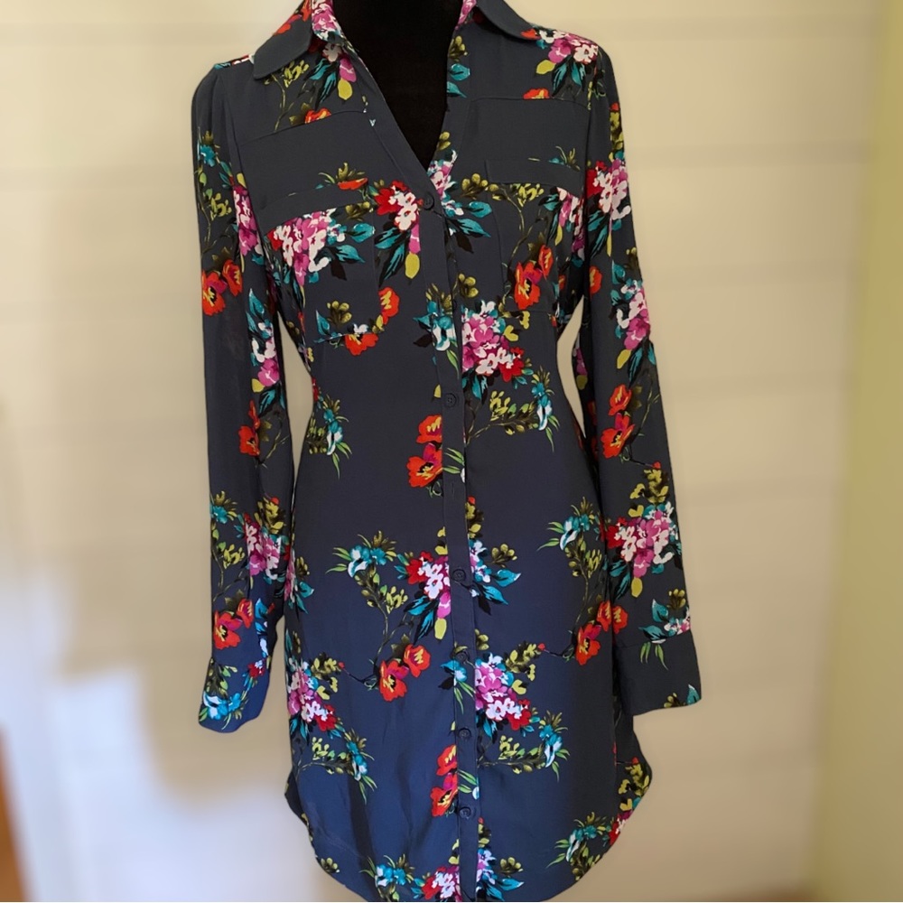 Express Navy Blue Floral Long Sleeve Mini Dress Size XS